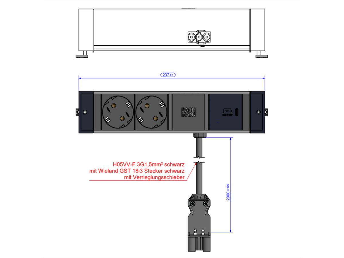 BACHMANN DESK RAIL 2xSchutzkontakt USB C, USB Charger 30W 2,0m GST18
