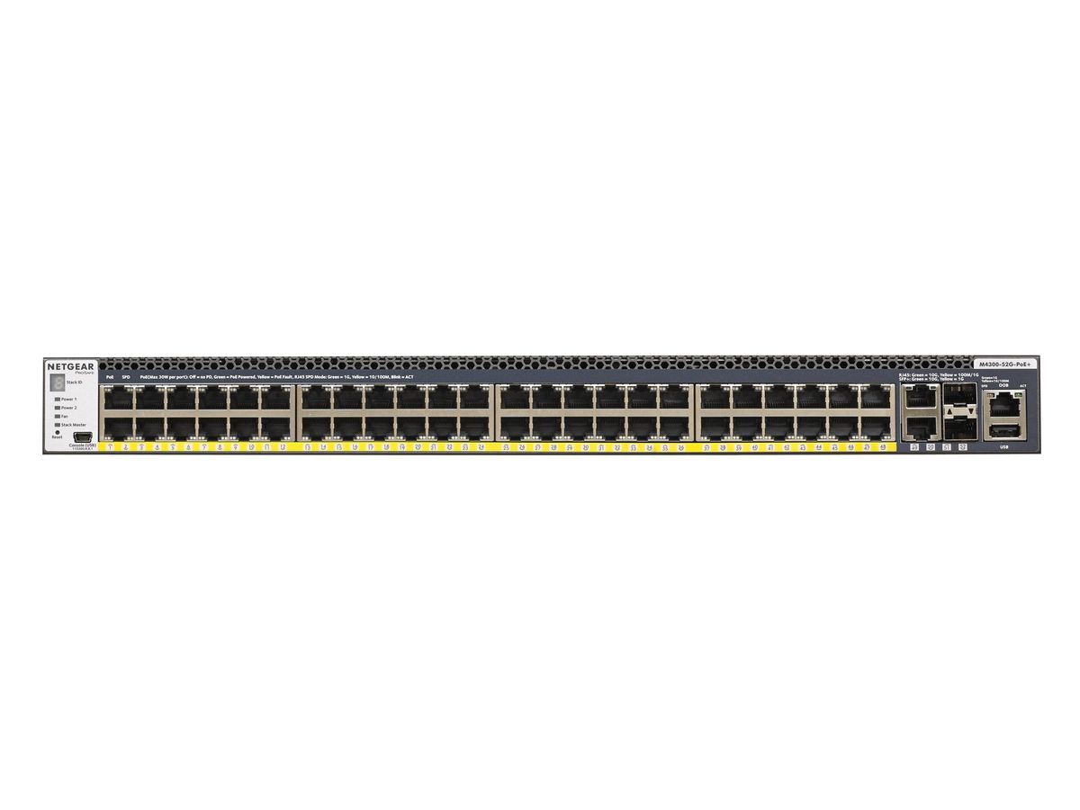 Netgear M4300-52G-PoE+ 1000W PSU Managed L2/L3/L4 Gigabit Ethernet (10/100/1000) Schwarz 1U Power over Ethernet (PoE)