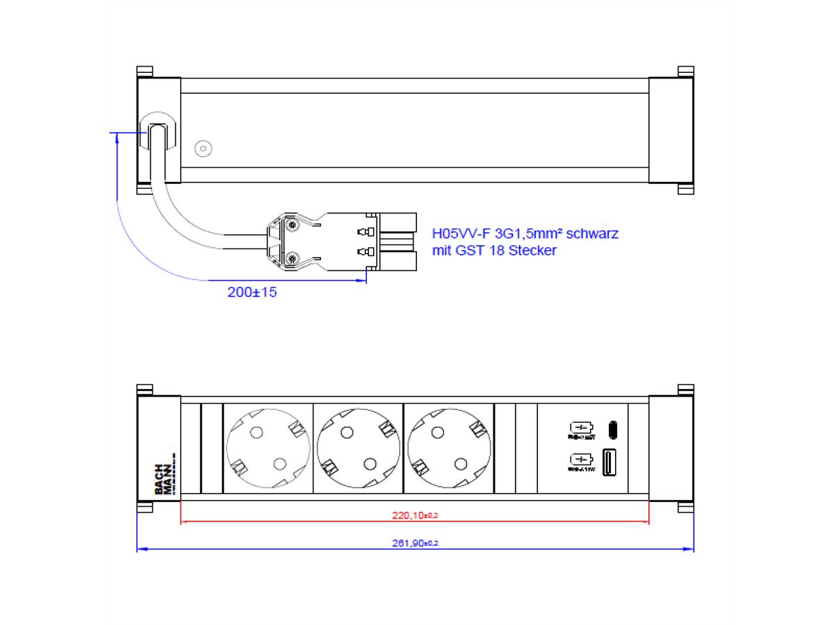 BACHMANN POWER FRAME M 3xCEE7/3, SB A&C 22W Charger 0,2m GST18