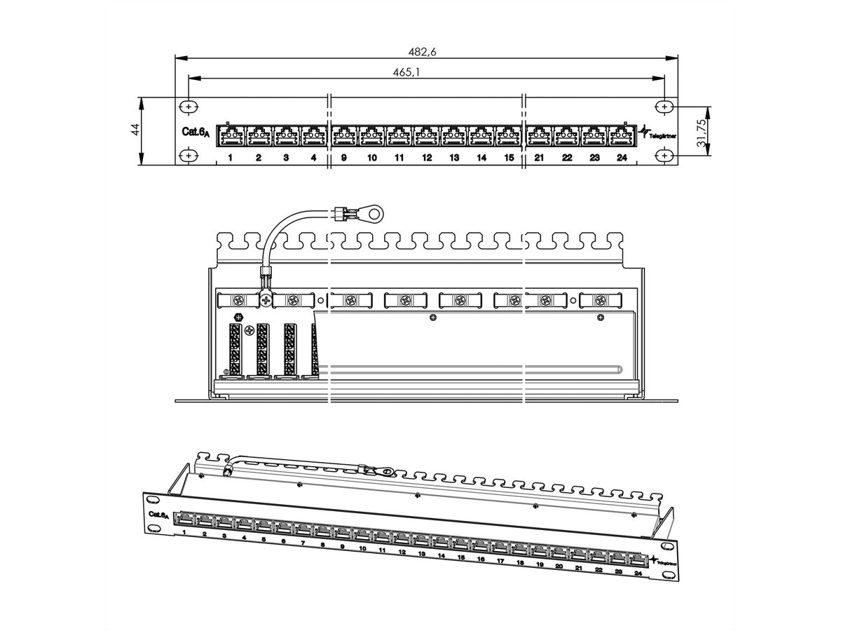 19"-Verteiler MPP24, 1 HE, Kat.6A (Class EA) (ISO/IEC), 24 Ports, schwarz