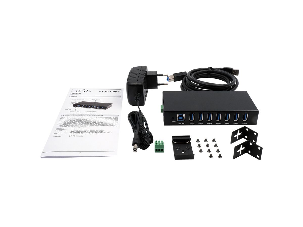 EXSYS EX-11237HMS 7 Port USB 3.2 Gen 1 HUB Din-Rail Kit VIA VL811+ Chipset